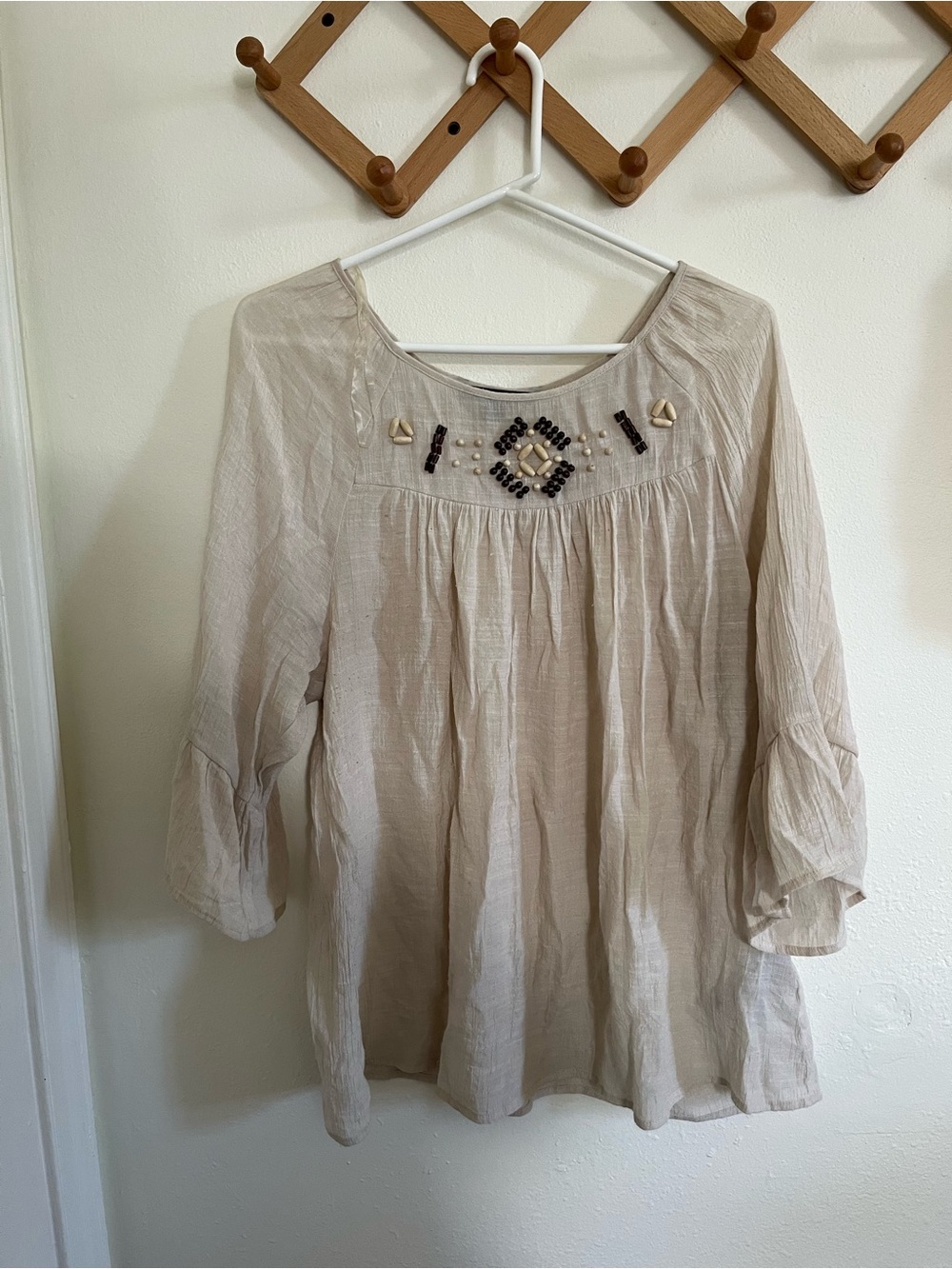 Zac & Rachel Beaded Scoop-Neck Peasant Top - Cream
